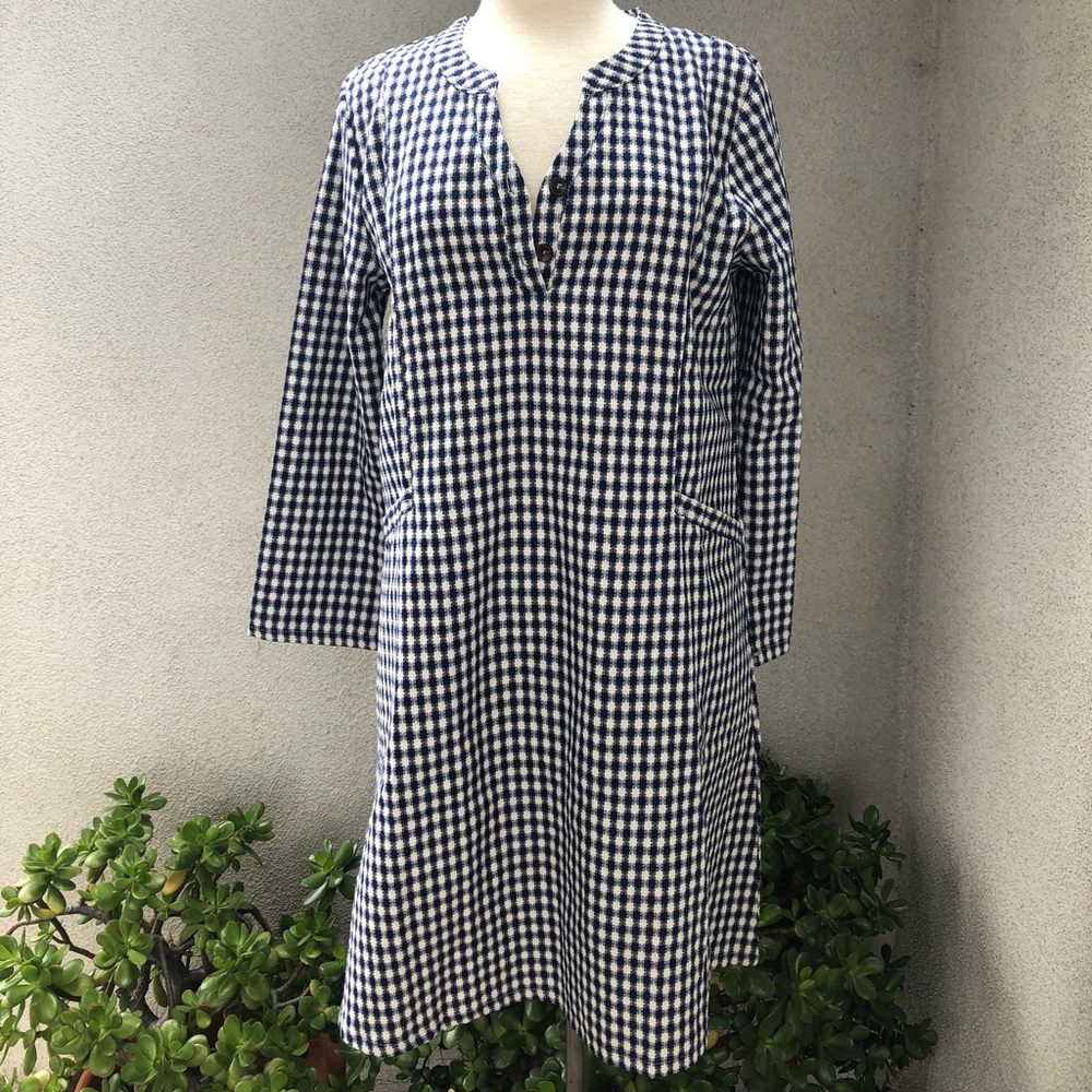 Cute checked blue white sheath dress pockets NWT L